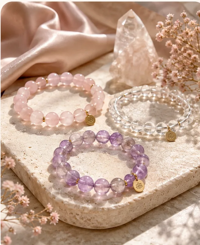 Rose quartz, clear quartz, and amethyst crystal bracelets on a soft stone surface.