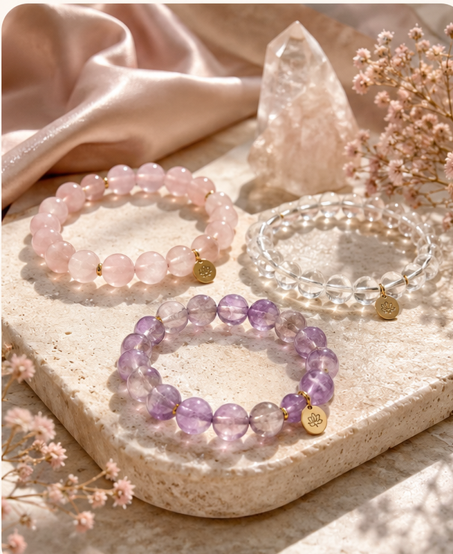 Rose quartz, clear quartz, and amethyst crystal bracelets on a soft stone surface.